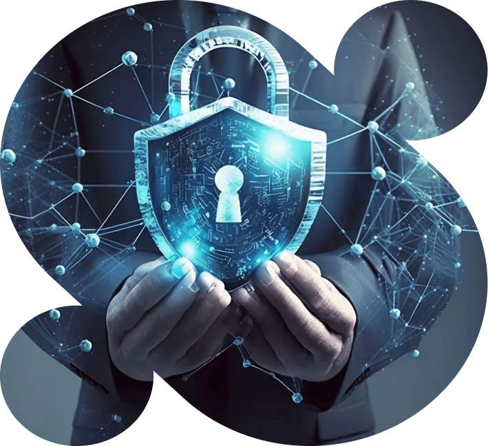 Cyber Security Protection - Hands holding digital shield with network connections